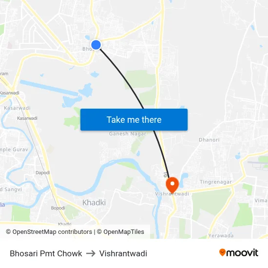 भोसरी पीएमटी चौक to विश्रांतवाडी map