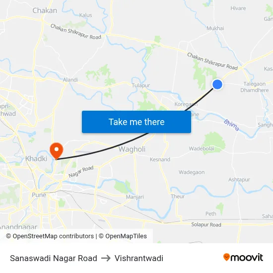 Sanaswadi Nagar Road to विश्रांतवाडी map