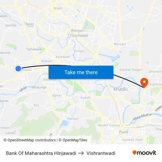 बैंक ऑफ महाराष्ट्र हिंजवाड़ी to विश्रांतवाडी map