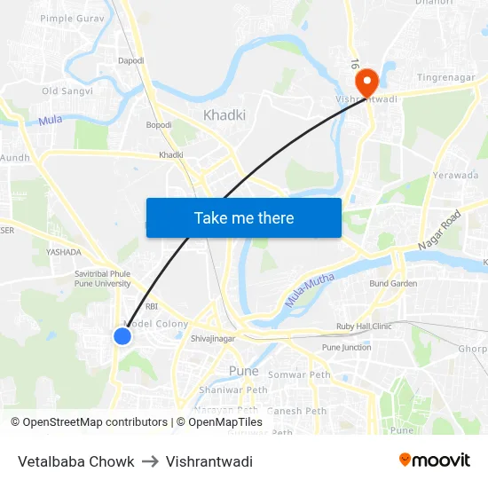 वेतालबाबा चौक to विश्रांतवाडी map