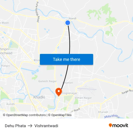 देहू फाटा to विश्रांतवाडी map