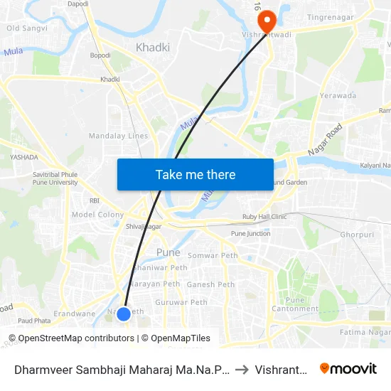 धर्मवीर संभाजी महाराज म.न.पा स्कूल to विश्रांतवाडी map