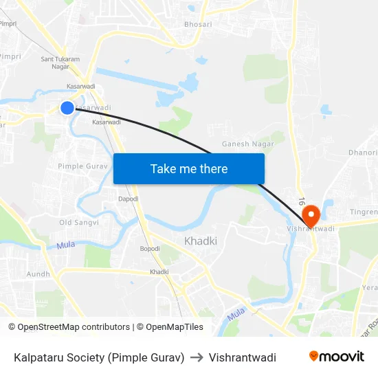 कल्पतरु सोसायटी (पिंपले गुरव) to विश्रांतवाडी map