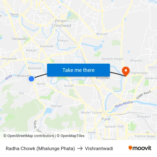 राधा चौक बाणेर to विश्रांतवाडी map