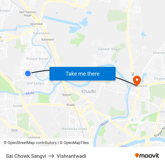साई चौक सांगवी to विश्रांतवाडी map