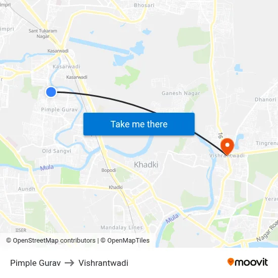 पिंपळे गुरव to विश्रांतवाडी map