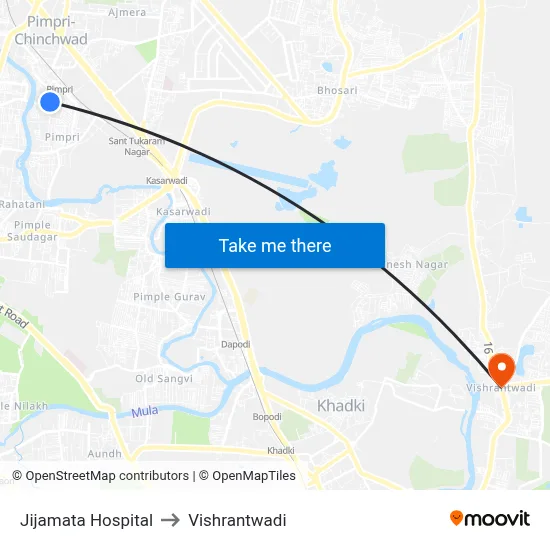 जिजामाता हॉस्पिटल to विश्रांतवाडी map
