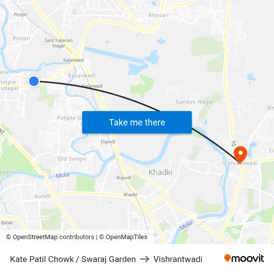 काटे पाटिल चौक / स्वराज गार्डन to विश्रांतवाडी map