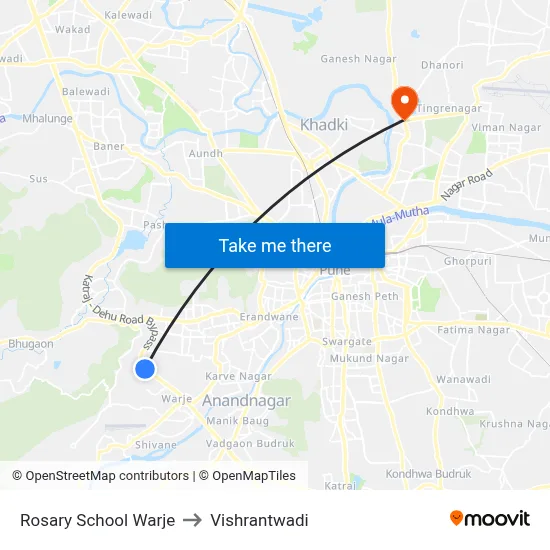 रोजरी स्कूल वारजे to विश्रांतवाडी map