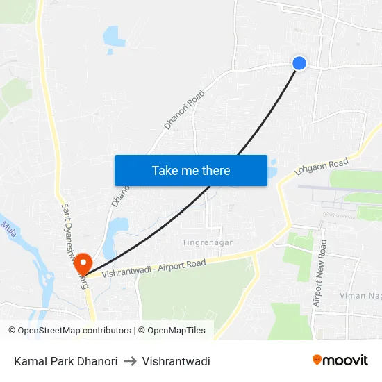 कमल पार्क धानोरी to विश्रांतवाडी map