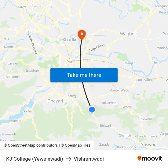 केजे कॉलेज (येवलेवाडी) to विश्रांतवाडी map