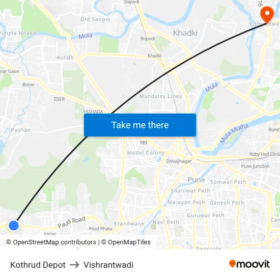 कोथरुड डिपो to विश्रांतवाडी map