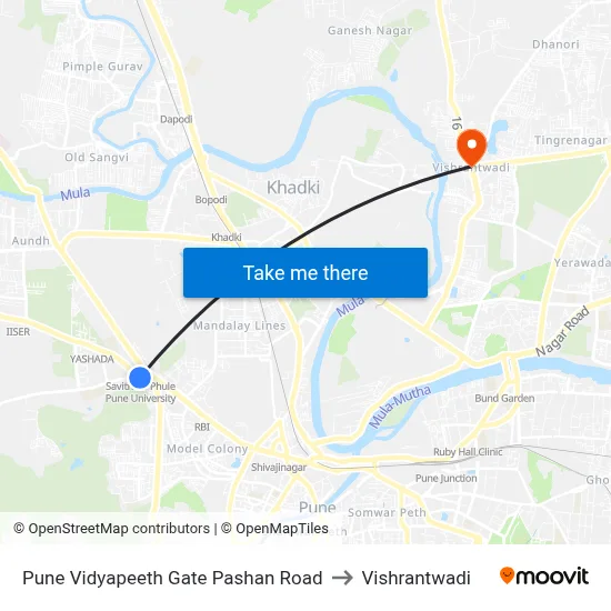 पुणे विद्यापीठ गेट पाषाण रोड to विश्रांतवाडी map