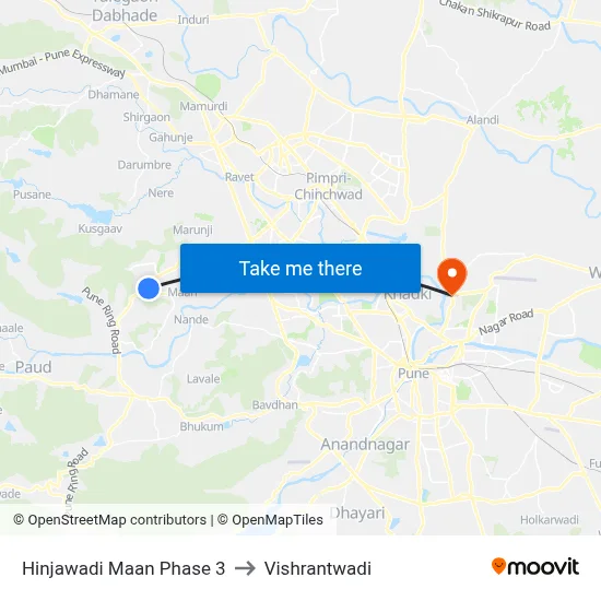 हिंजवाड़ी मान फेज 3 to विश्रांतवाडी map