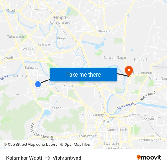 कलामकर वस्ती to विश्रांतवाडी map