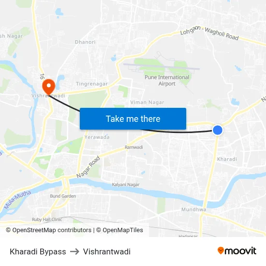 खराडी बाईपास to विश्रांतवाडी map