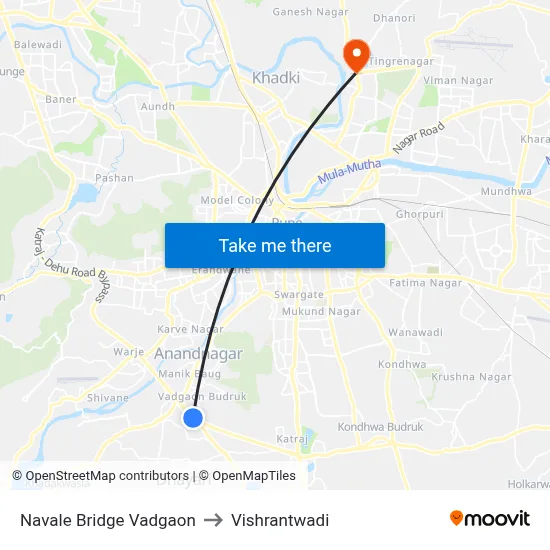 नवले ब्रिज वडगांव to विश्रांतवाडी map