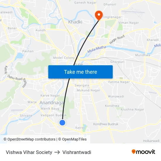विश्व विहार सोसायटी to विश्रांतवाडी map