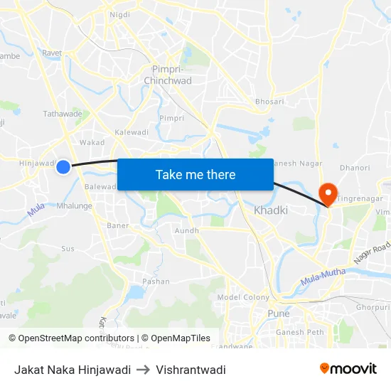 जकात नाका हिंजवाडी to विश्रांतवाडी map