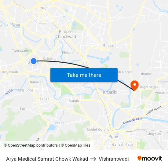 आर्य मेडिकल सम्राट चौक वाकड to विश्रांतवाडी map