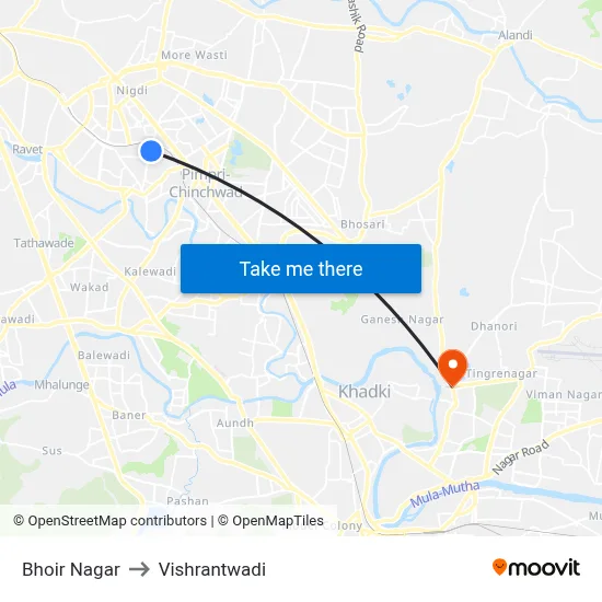 भोईर नगर to विश्रांतवाडी map