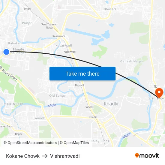 कोकाणे चौक to विश्रांतवाडी map