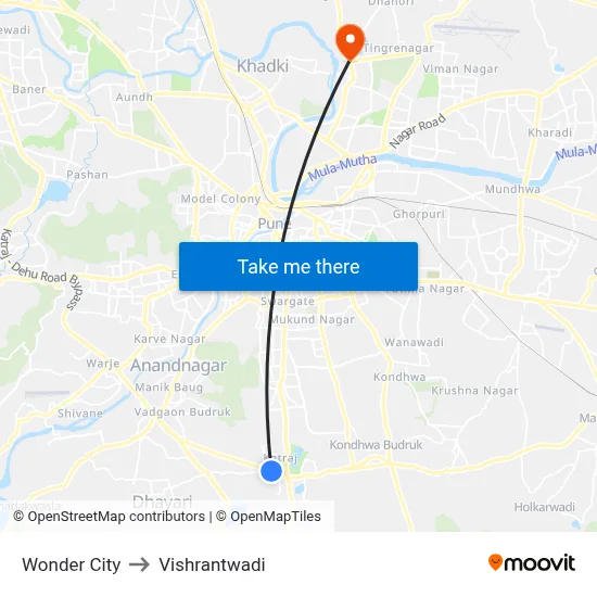 वंडर सिटी to विश्रांतवाडी map