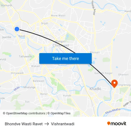 भोंडवे वस्ती रावेत to विश्रांतवाडी map