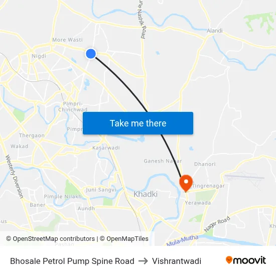 भोसले पेट्रोल पंप स्पाइन रोड to विश्रांतवाडी map