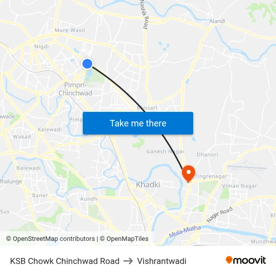 केएसबी चौक चिंचवड रोड to विश्रांतवाडी map