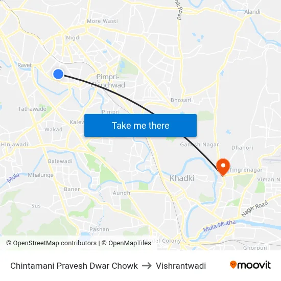 चिंतामणी प्रवेश द्वार चौक to विश्रांतवाडी map