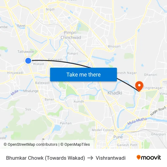 भूमकर चौक (वाकड की ओर) to विश्रांतवाडी map