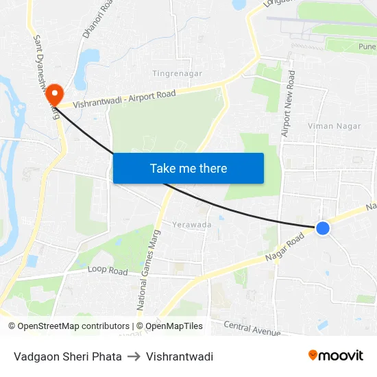 वडगाव शेरी फाटा to विश्रांतवाडी map
