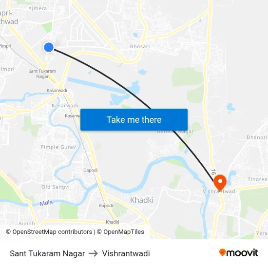 संत तुकाराम नगर to विश्रांतवाडी map