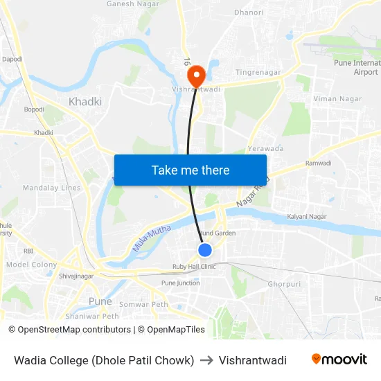 वाडिया कॉलेज (ढोले पाटिल चौक) to विश्रांतवाडी map