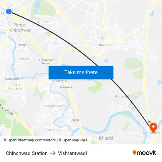 चिंचवड स्टेशन to विश्रांतवाडी map