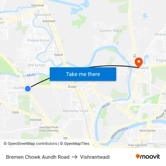 ब्रेमेन चौक औंध रोड to विश्रांतवाडी map