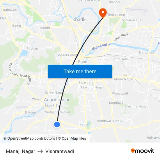 मनाजी नगर to विश्रांतवाडी map