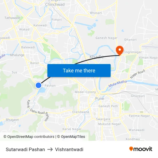 सुतारवाडी पाषाण to विश्रांतवाडी map