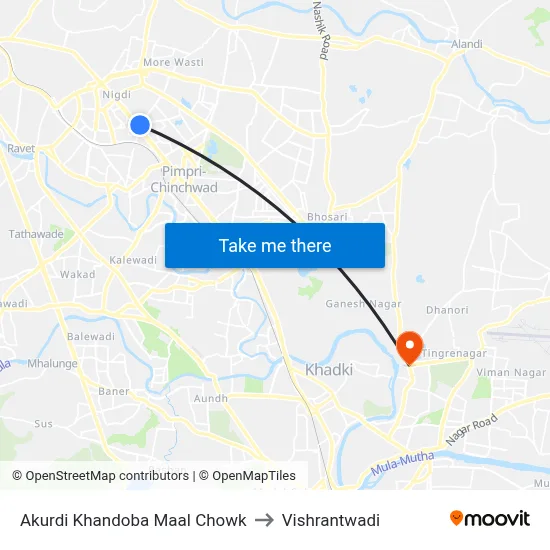 आकुर्डी खंडोबा माळ चौक to विश्रांतवाडी map