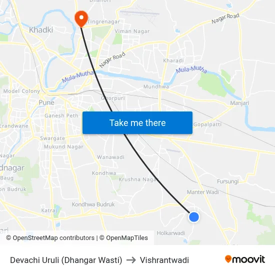देवाची उरुली (धनगर वस्ती) to विश्रांतवाडी map