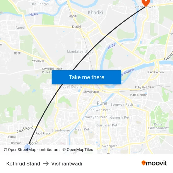 कोथरुड स्टैंड to विश्रांतवाडी map