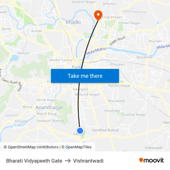 भारती विद्यापीठ गेट to विश्रांतवाडी map