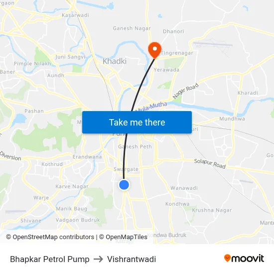 भापकर पेट्रोल पंप to विश्रांतवाडी map