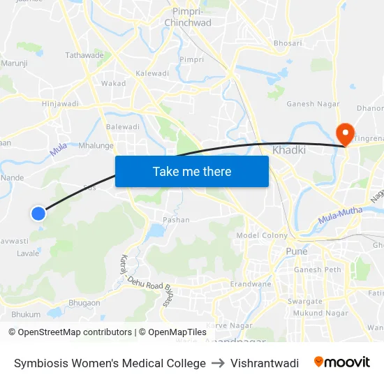 सिम्बायोसिस महिला मेडिकल कॉलेज to विश्रांतवाडी map
