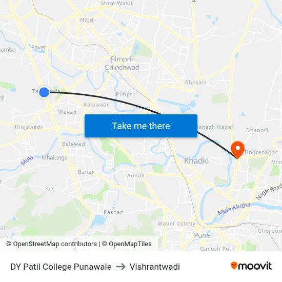 डीवाय पाटील कॉलेज पुनावले to विश्रांतवाडी map