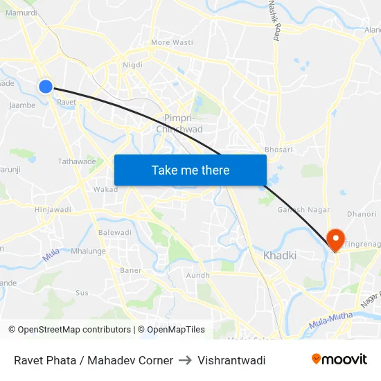 रावेत फाटा / महादेव कॉर्नर to विश्रांतवाडी map