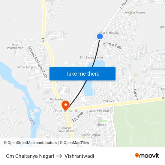 ओम चैतन्य नगरी to विश्रांतवाडी map