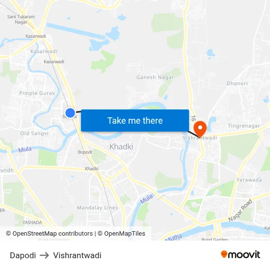दापोडी to विश्रांतवाडी map