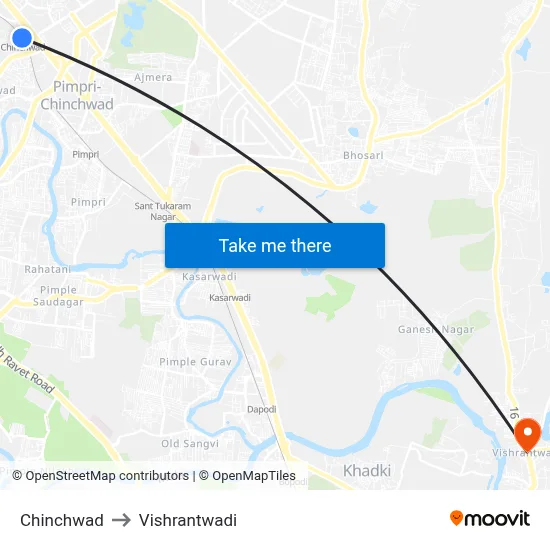 चिंचवड to विश्रांतवाडी map